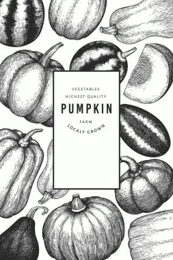 Kabak rengi tasarım şablonu. Vektör el çizimleri. Balkabağı hasadıyla geçmişe dönük Şükran Günü arkaplanı. Sonbahar arkaplanı.