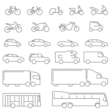 Flat Line icons - Transportation Vehicles Icons. Complete set of icons flat line on a white background with all means of road transport. clipart