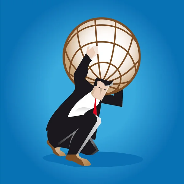 Business global market. a business man carries on his back the weight of the entire business world as the titan Atlas in Greek mythology. the brown globe is a metaphor of the world economy and finance. — Stock Vector