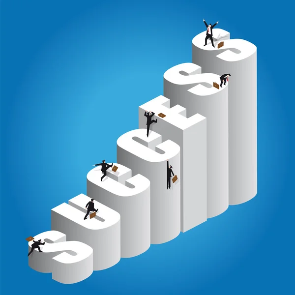 Team of business people climbs the big stair of success. A team of businessman with briefcase climbing on a scale of three-dimensional letters of the word success. The path is difficult. The staircase is steep and treacherous. — Stock Vector