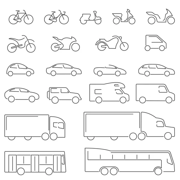 Iconos de línea plana - Vehículos de transporte Iconos. Conjunto completo de iconos de línea plana sobre fondo blanco con todos los medios de transporte por carretera . Vectores De Stock Sin Royalties Gratis