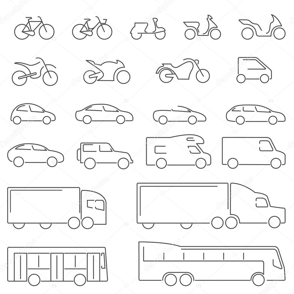 Flat Line icons - Transportation Vehicles Icons. Complete set of icons flat  line on a white background with all means of road transport. Stock Vector  Image by ©tommaso78urbinati #114995722