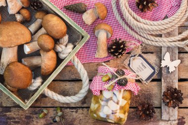 Beyaz mantar, çiğ beyaz mantar ve çam kozalakları konserve