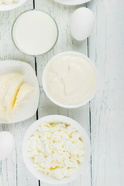 Different Dairy Products White Wooden Boards Blurred Background — Stock Photo, Image