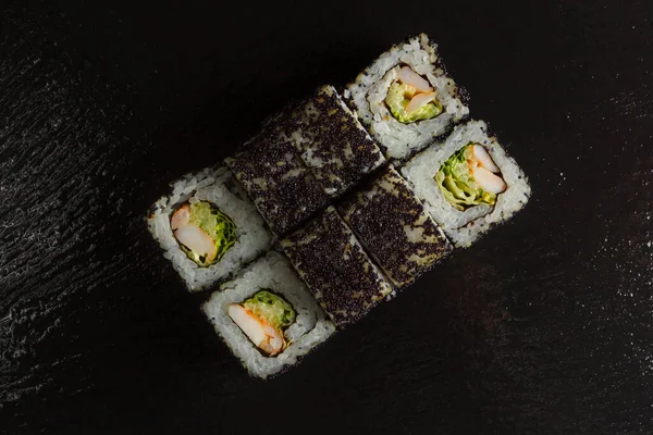 Comida Japonesa Conjunto Sushi Salmão Rolos Vista Superior — Fotografia de Stock