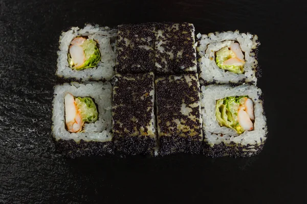 Comida Japonesa Conjunto Sushi Salmão Rolos Vista Superior — Fotografia de Stock