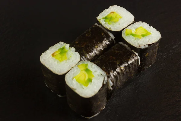 Comida Japonesa Conjunto Sushi Salmão Rolos Vista Superior — Fotografia de Stock