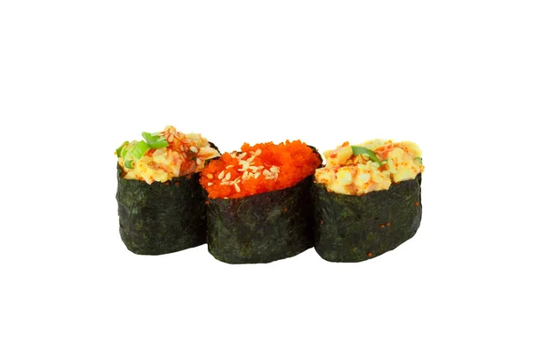 Comida Japonesa Conjunto Sushi Rollos Salmón Con Mariscos Aislados — Foto de Stock