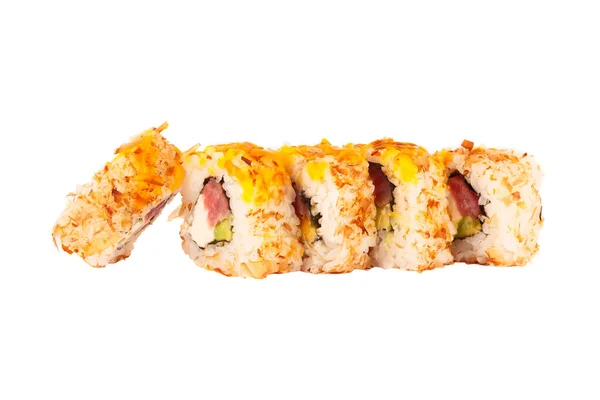 Ιαπωνικό Φαγητό Σετ Από Σούσι Σολομού Και Ρολά Θαλασσινά Απομονωμένα — Φωτογραφία Αρχείου