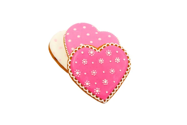 Background Pink Cookies Heart Shaped Different Patterns Isolated White — Stock Photo, Image