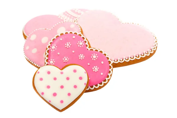 Fundo Biscoitos Cor Rosa Coração Moldado Com Diferentes Padrões Isolado — Fotografia de Stock