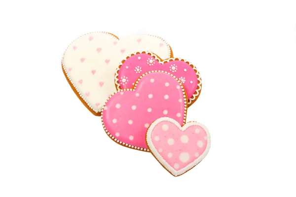 Fondo Galletas Color Rosa Forma Corazón Con Diferentes Patrones Aislado — Foto de Stock