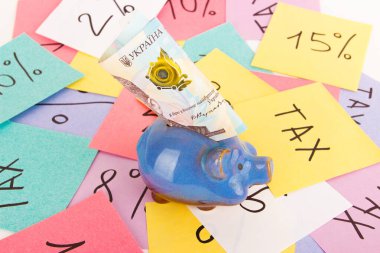 1000 hryvnias, domuz kumbarası, üzerinde finansal işaretler ve semboller olan çıkartmalar.