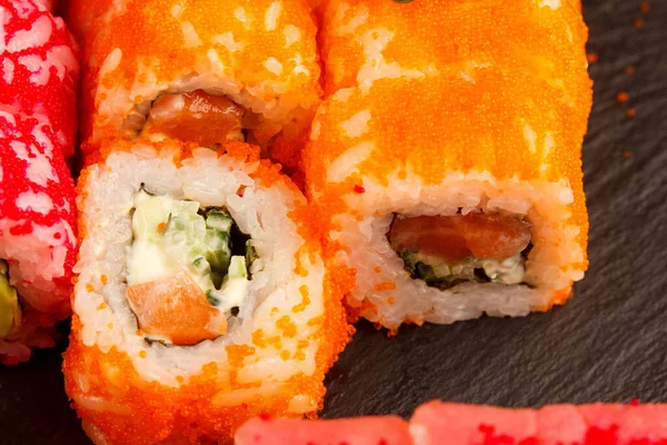 Japanese Food Set Salmon Sushi Rolls Salmon Eel Top View — Stock Photo, Image
