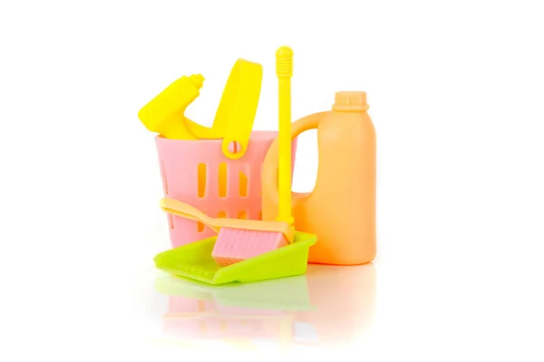 Conjunto Brinquedos Coloridos Para Limpeza Isolados Branco — Fotografia de Stock
