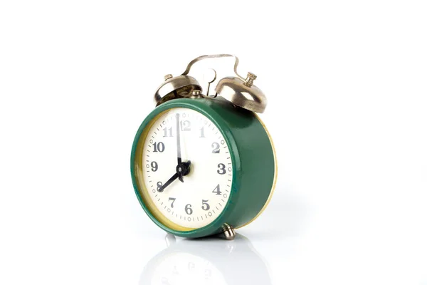 Relógio Alarme Retro Verde Fundo Brilhante Branco — Fotografia de Stock