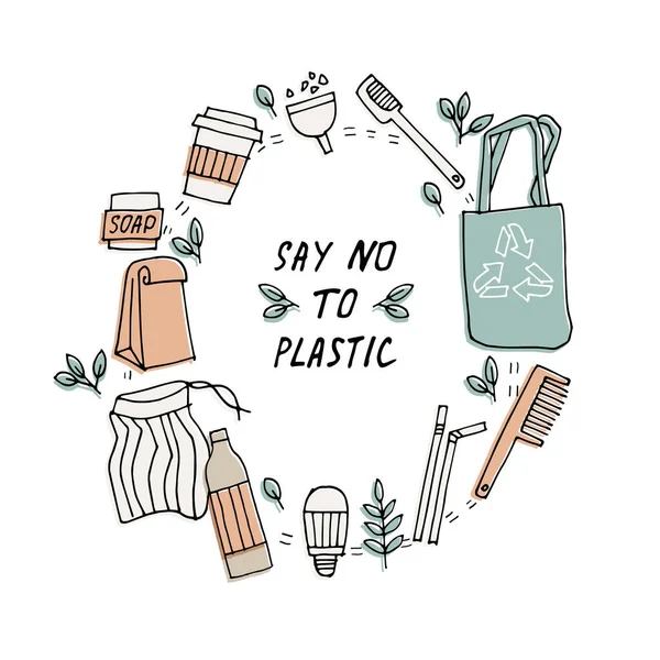 Vector illustratie nul afval, recycling, milieuvriendelijke tools, inzameling van ecologie pictogrammen met slogans. Concept met bundel vector label. — Stockvector