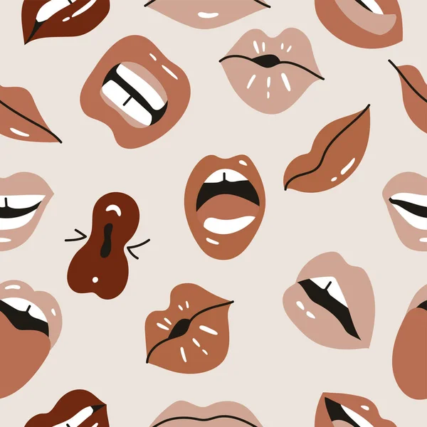 Vektorová ilustrace ženských úst. Různé barvy rtěnky. Bezproblémové vzory s různými mimiky, emocemi, výrazy obličeje. — Stockový vektor