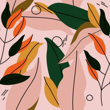 Vektör çizimi, tropikal yapraklı, soyut, pürüzsüz desen. Renkli doku