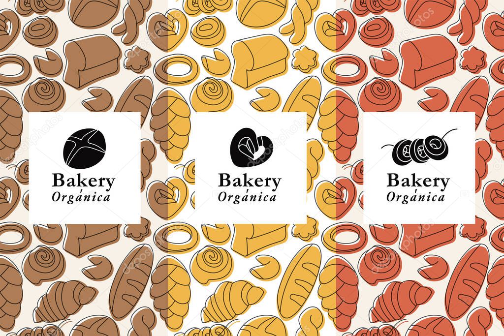 Vector set of design templates and elements for bakery packaging in trendy linear style. Seamless pattern with design label