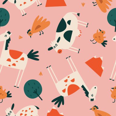 Ayakta duran hayvanlardan oluşan vektör düz çizimler - at, inek, tavuk ve koyunlu kuş. Çocuklar için komik karakterler. Çizgi film biçimi kusursuz desenler