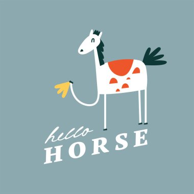 Beyaz atlı vektör düz çizim kartı. Çocuklar için komik karakterler. Çizgi film biçimi