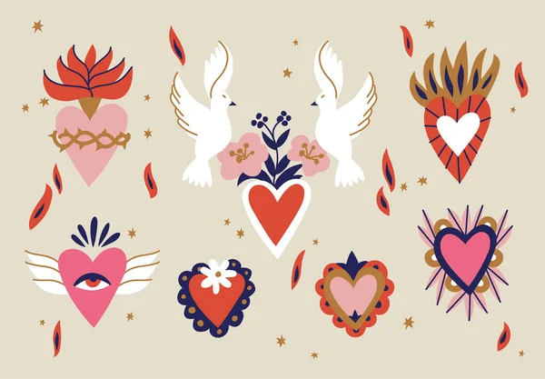 Vektor Illustration Set Von Heiligen Herzen Traditionelle Mexikanische Herzen — Stockvektor