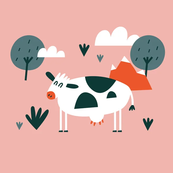 Vektorflache Illustrationskarte Mit Weißer Kuh Lustige Charaktere Für Kinder Cartoon — Stockvektor