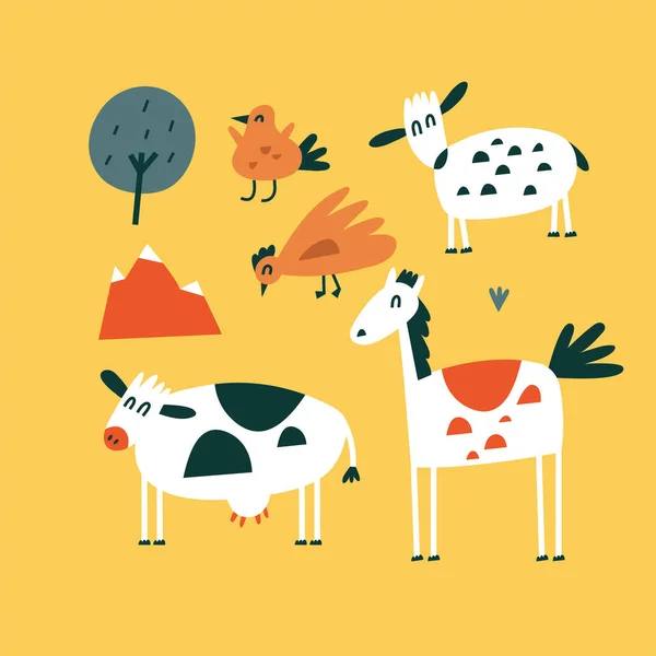 病媒幻象一套站立的动物 鸡和有羊的鸟 孩子们的滑稽角色 卡通风格 — 图库矢量图片