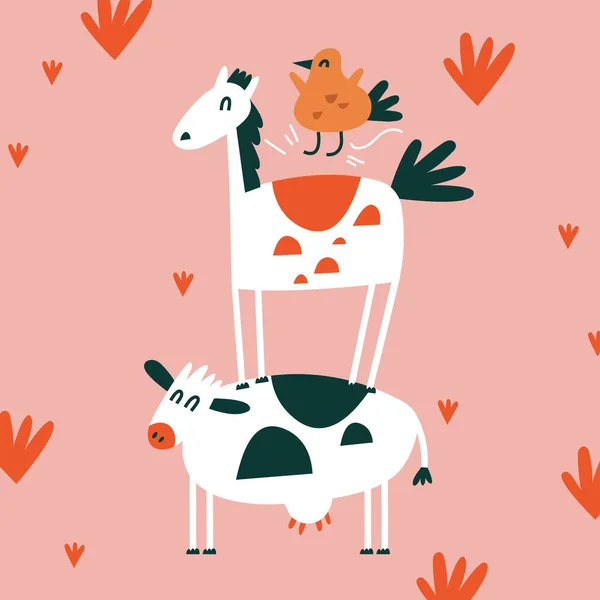 Vektor Flache Illustrationen Set Von Stehenden Tieren Pferd Kuh Huhn — Stockvektor
