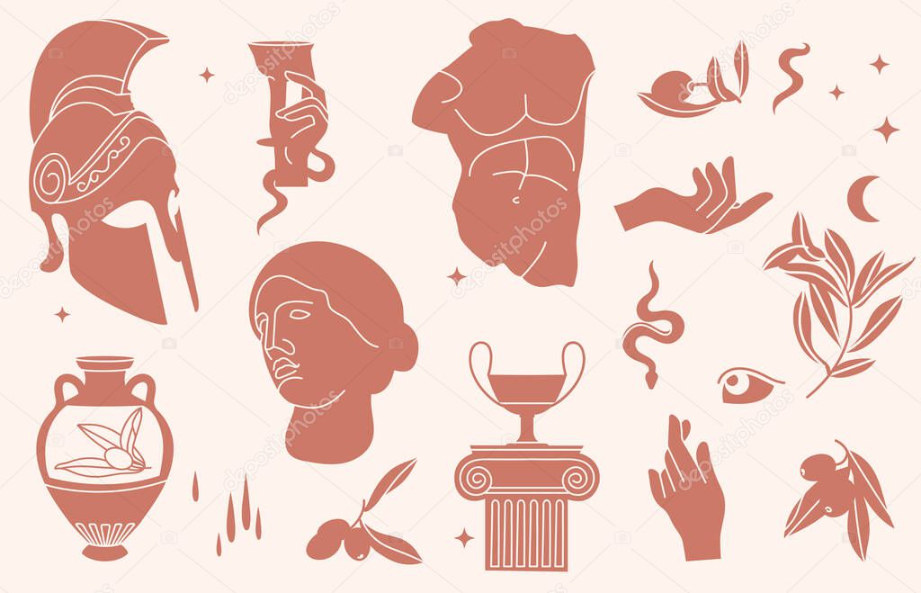 Vector illustration of bundle antique signs and symbols - statues, olive branch, amphora, column, helmet. Ancient greek or roman style elements. Seamless pattern