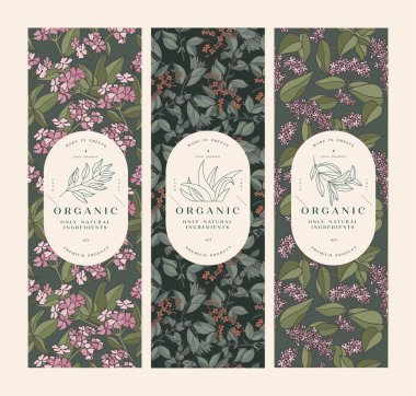 Kozmetik ürünleri için etiket tasarımlı vintage patenler. Paket ve güzellik salonları için pürüzsüz desenler ya da paket kağıdı