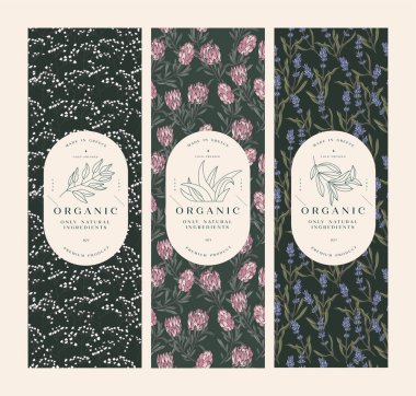 Kozmetik ürünleri için etiket tasarımlı vintage patenler. Paket ve güzellik salonları için pürüzsüz desenler ya da paket kağıdı