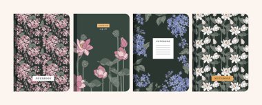 Vektör illüstrasyon şablonları defterler, planlamacılar, broşürler, kitaplar, kataloglar için kapak sayfaları. Çiçek duvar kağıtları