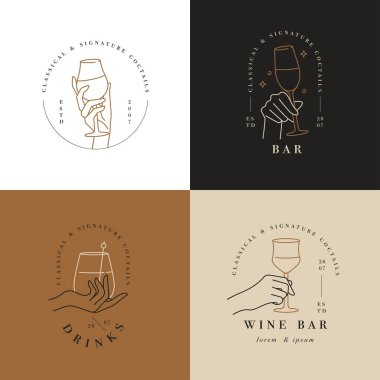 Vektör tasarımı doğrusal şablon logolar veya amblemler - eller farklı el hareketleriyle içki bardağında. Kafe veya bar için soyut sembol