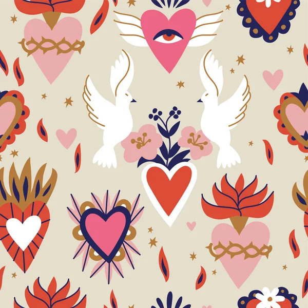 Vector Illustration Set Sacred Hearts Traditional Mexican Hearts Seamless Pattern — Stock Vector