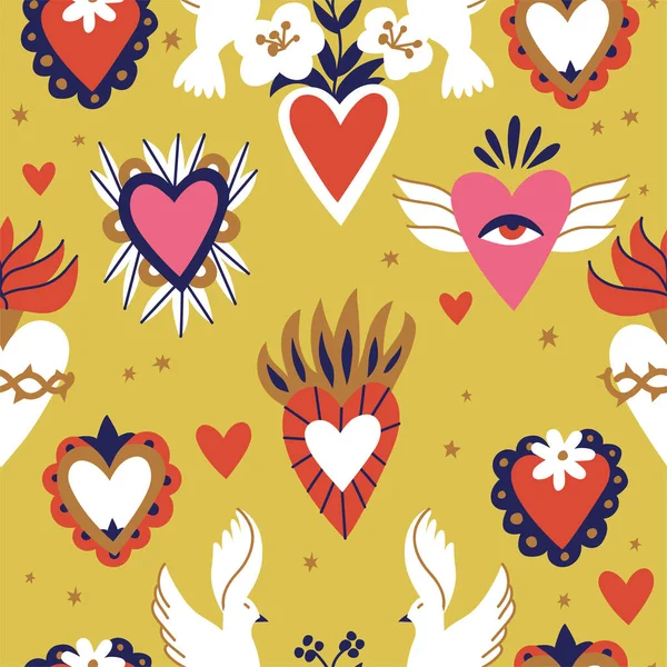 Vector Illustration Set Sacred Hearts Traditional Mexican Hearts Seamless Pattern — Stock Vector