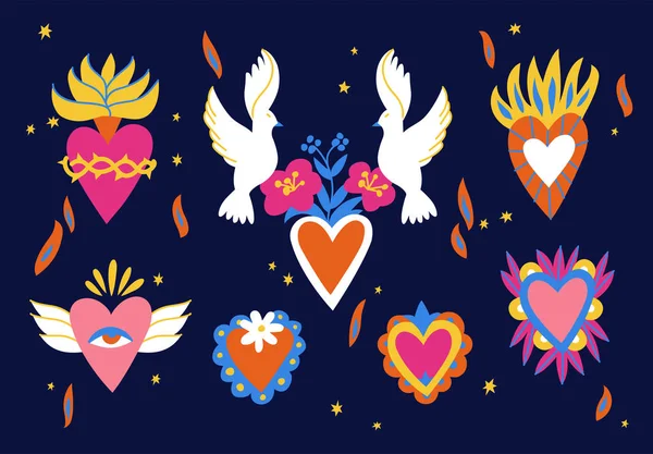 Vektor Illustration Set Von Heiligen Herzen Traditionelle Mexikanische Herzen — Stockvektor