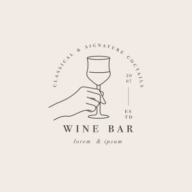 Vektör tasarımı lineer şablon logosu veya amblemi - bir bardak içkiyle birlikte. Kafe veya bar için soyut sembol