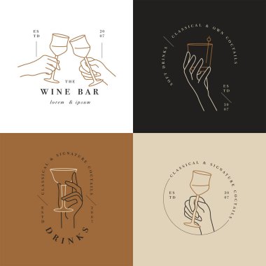 Vektör tasarımı doğrusal şablon logolar veya amblemler - eller farklı el hareketleriyle içki bardağında. Kafe veya bar için soyut sembol