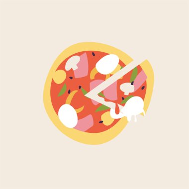 Etli İtalyan pizzası, domates sosisi ve mozzarella peyniri. Fast food simgesi