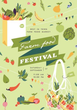 Vektör illüstrasyon çiftlik yemek festivali yatay poster ya da afiş. Doğal sebzeler ve organik meyvelerle gübreleme