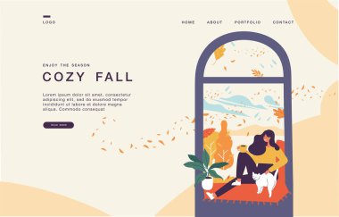 Pencerede oturup çay ya da kahve içen genç bir kadının olduğu web siteleri için iniş sayfası şablonu. Sonbahar mevsimi gebeliği.