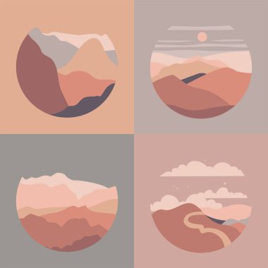 Vektör illüstrasyon manzarası dağı, nehir manzarası. Tepeler, bulutlar, güneş, ay. Kağıt kesim stili. Doğa geçmişi.