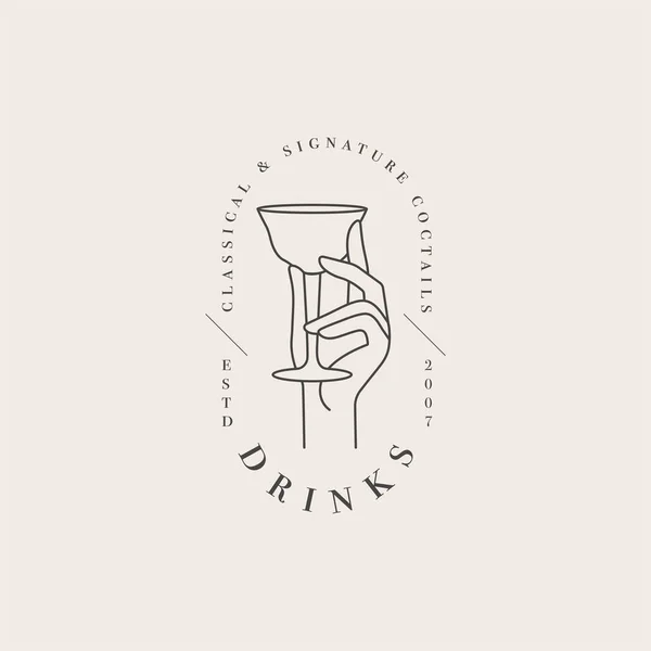 Logotipo Emblema Plantilla Lineal Diseño Vectorial Mano Con Vaso Bebida — Archivo Imágenes Vectoriales