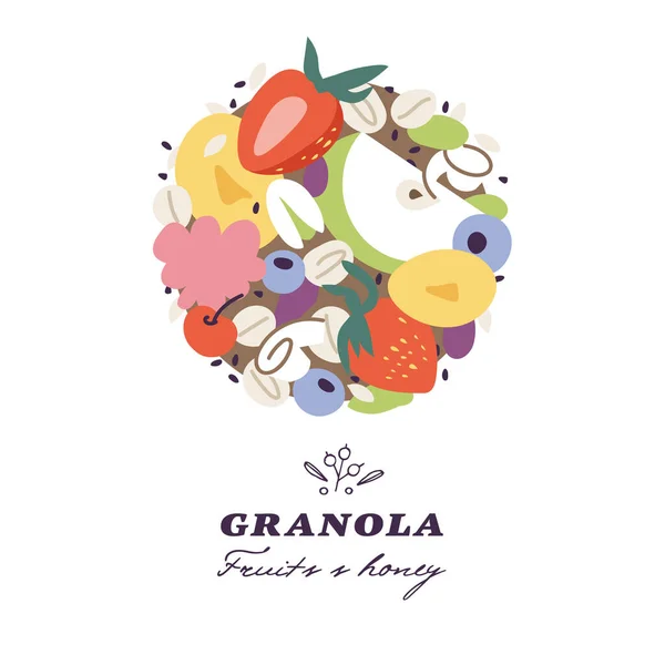 Vector Εικονογράφηση Granola Bar Διαφορετικά Φρούτα Μούρα Φρούτα Και Ξηρούς — Διανυσματικό Αρχείο