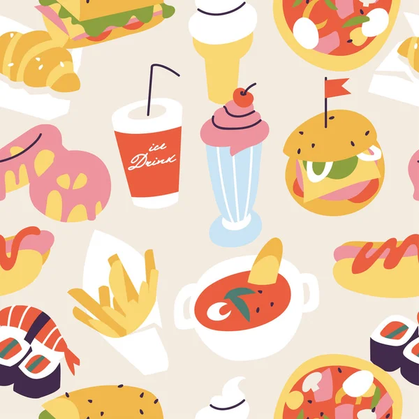 Conjunto Ilustrações Vetoriais Ícones Coloridos Fast Food Desenhos Animados Padrão — Vetor de Stock