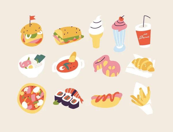 Illustrazione Vettoriale Set Icone Colorate Fast Food Cartone Animato Menù — Vettoriale Stock