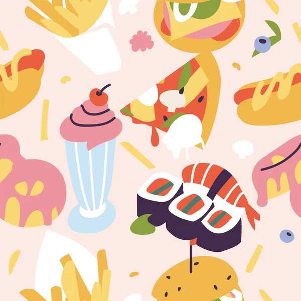 Conjunto Ilustrações Vetoriais Ícones Coloridos Fast Food Desenhos Animados Padrão —  Vetores de Stock
