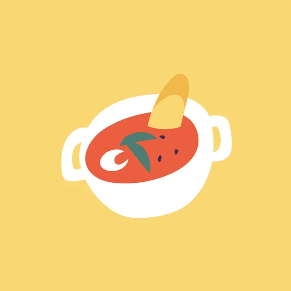 Bir Kase Tost Kremalı Sos Baharatla Domates Çorbasının Vektör Çizimi — Stok Vektör